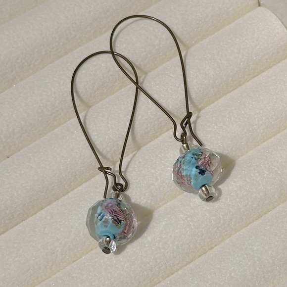 Handmade Burnished Brass Blue & Pink Rose Drop Earrings Kidney Wires Boho Look - Picture 3 of 6